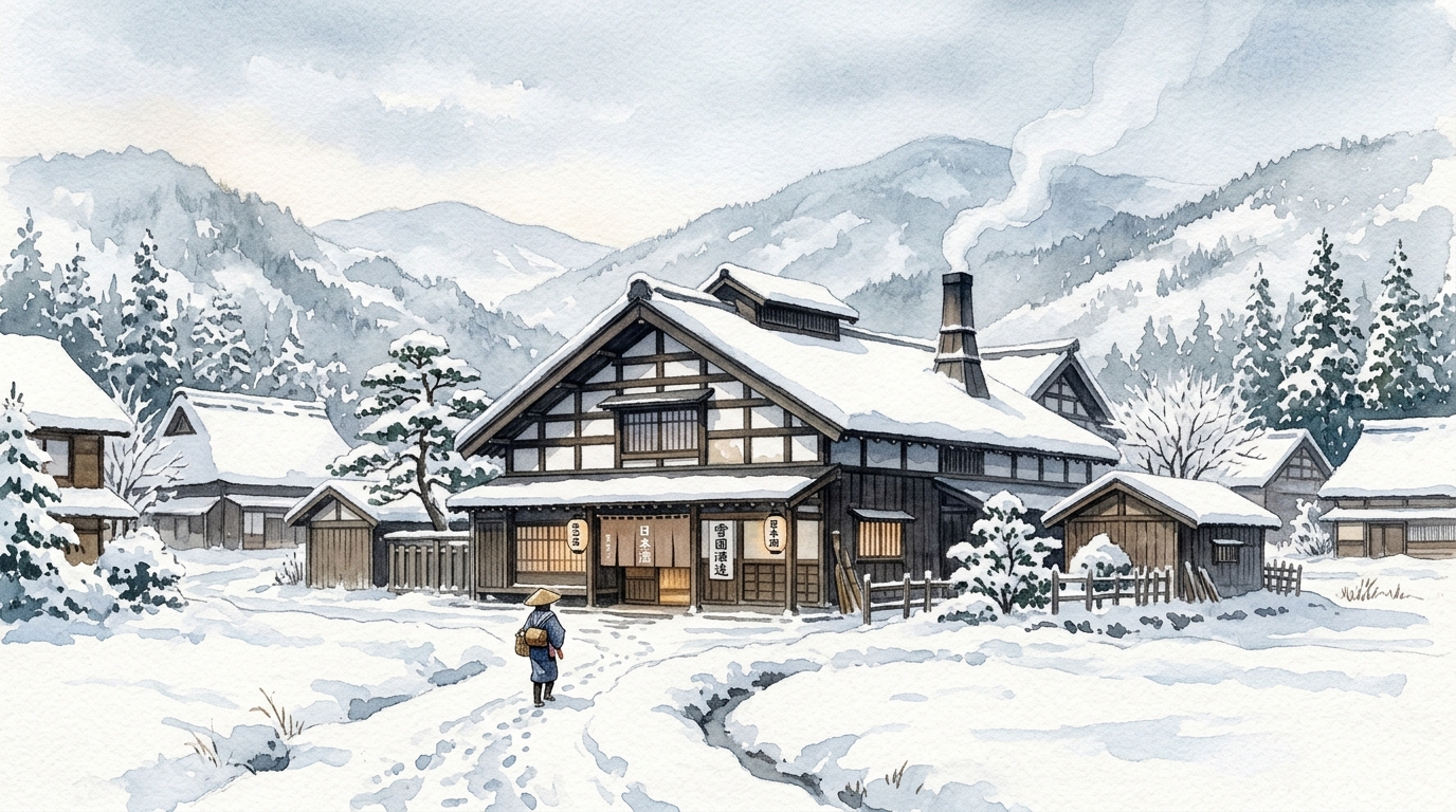 雪深い山里の伝統的な酒蔵の水彩画