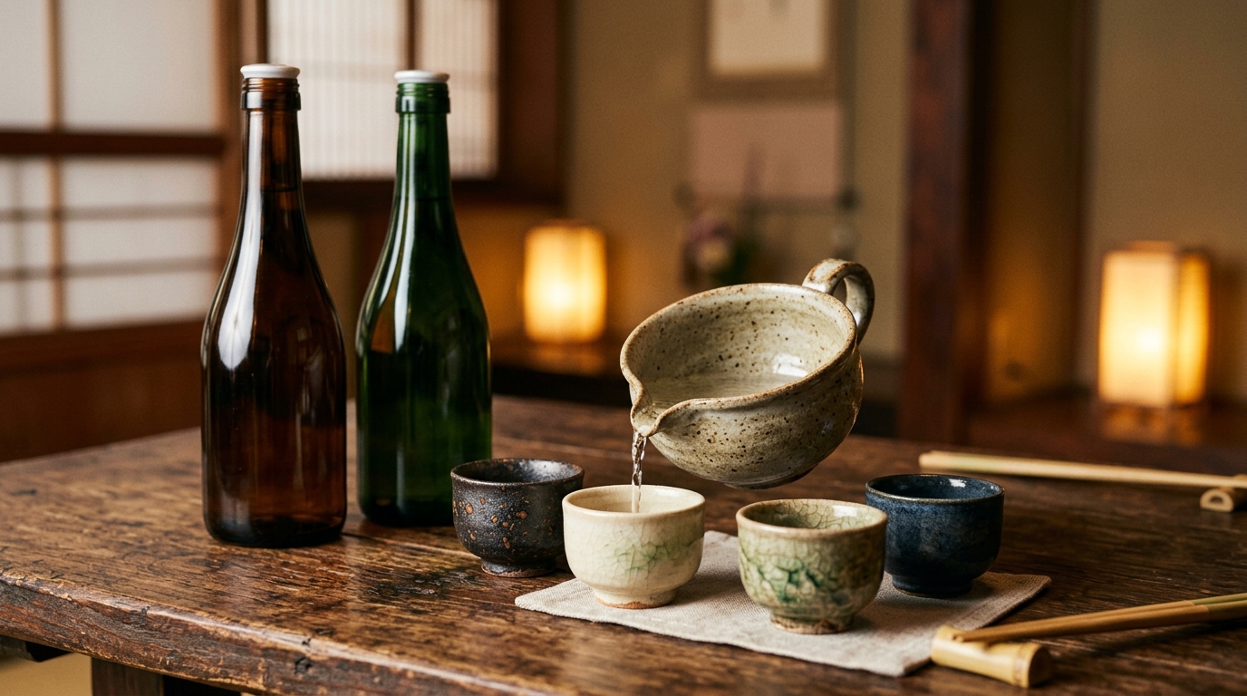 無地のボトルと酒器が並ぶ日本酒の静物写真