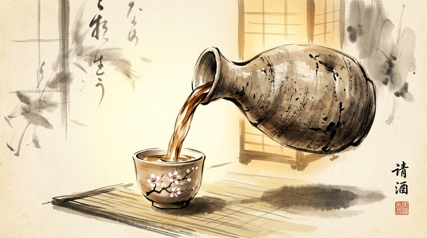 徳利からお猪口に注がれる燗酒の墨絵風イラスト