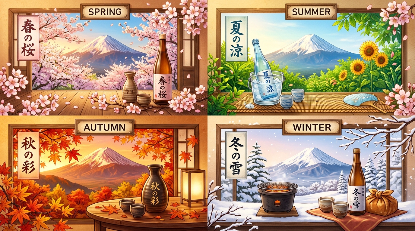 桜と日本酒ボトルが並ぶ四季のコラージュ風イラスト