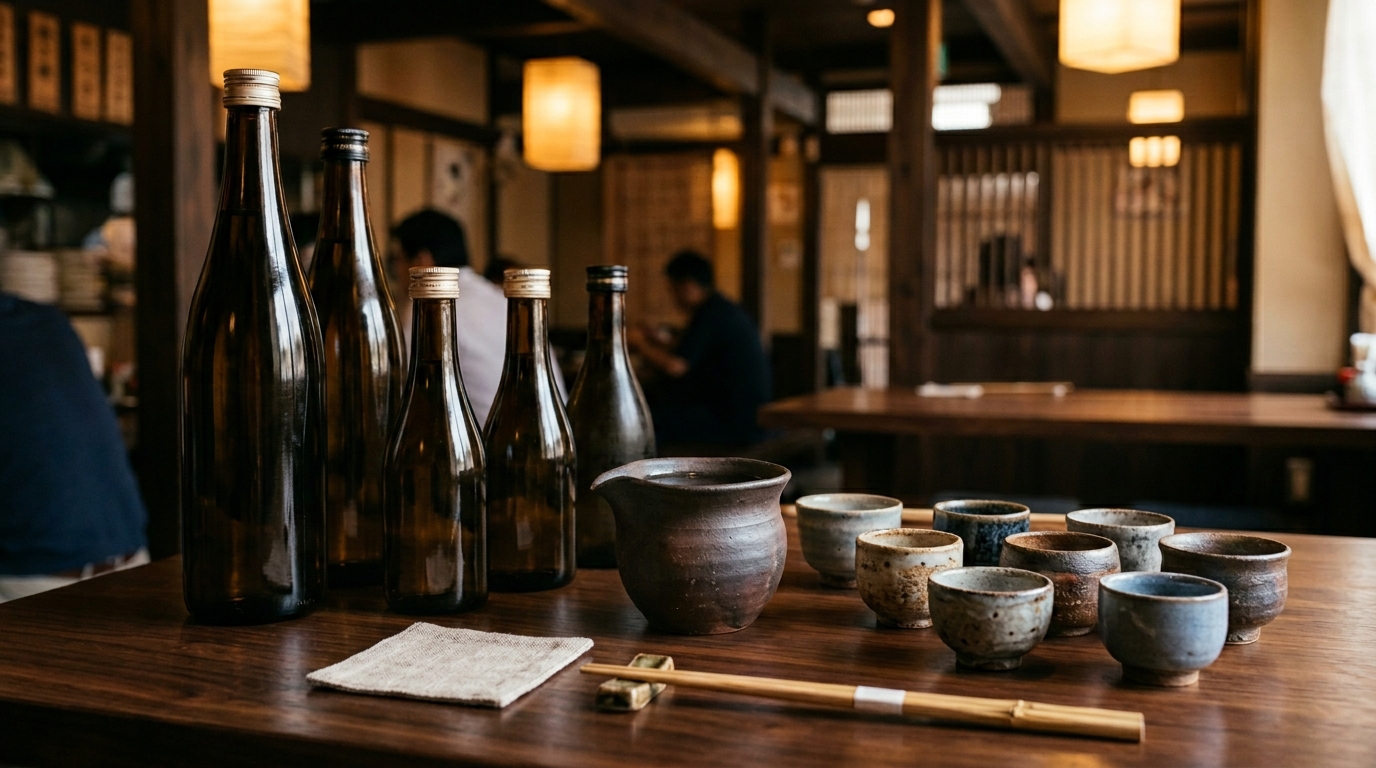 宮城の食中酒をイメージしたシンプルな酒器の静物写真