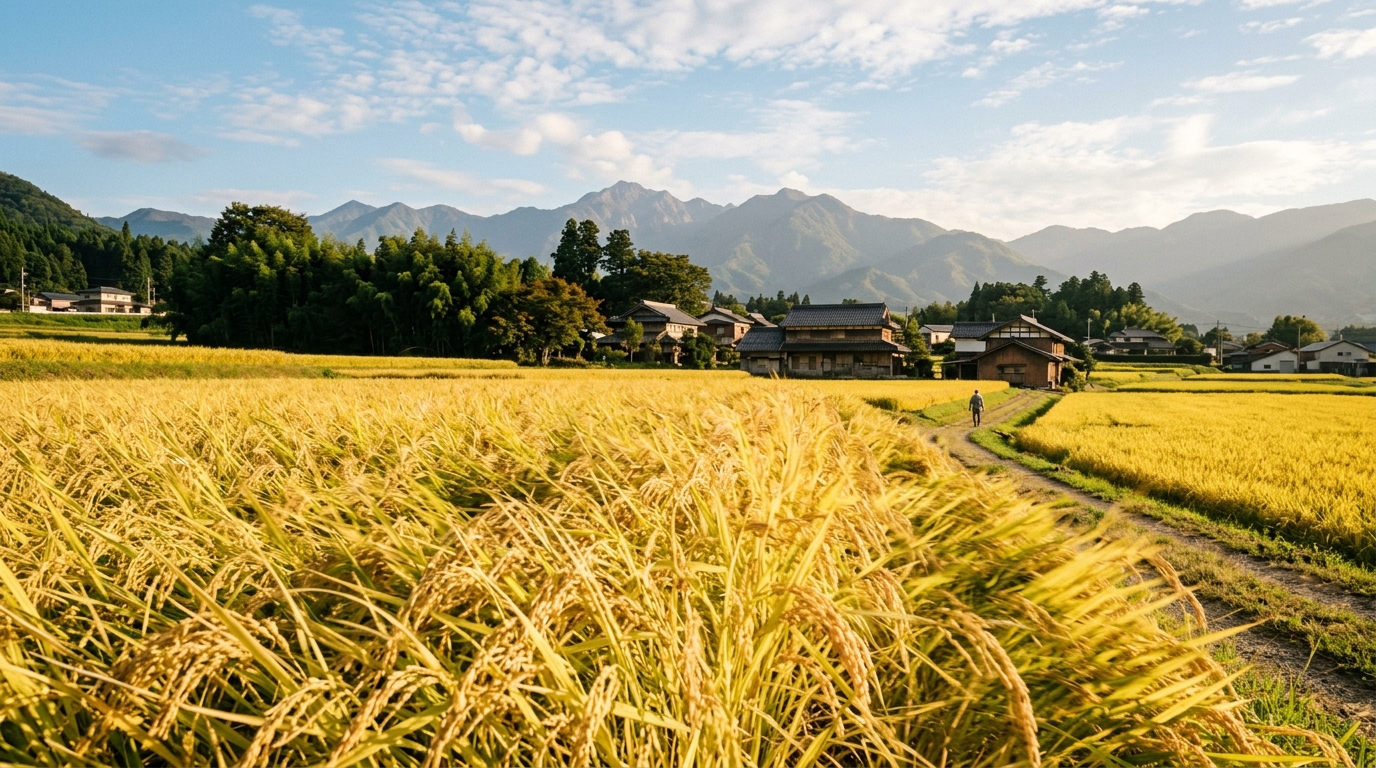 稲穂が実る日本の田園風景イラスト