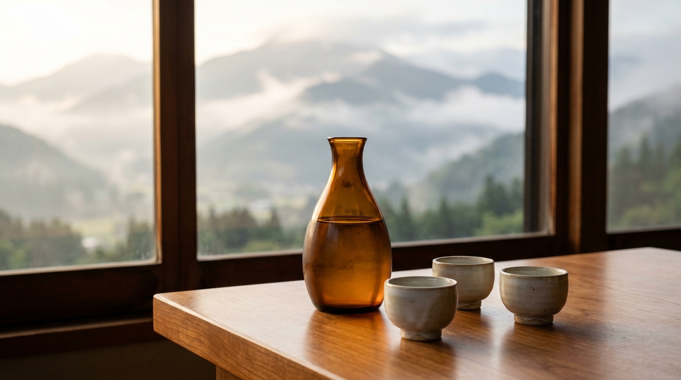 山並みを背景にした無地の徳利と猪口の静物写真